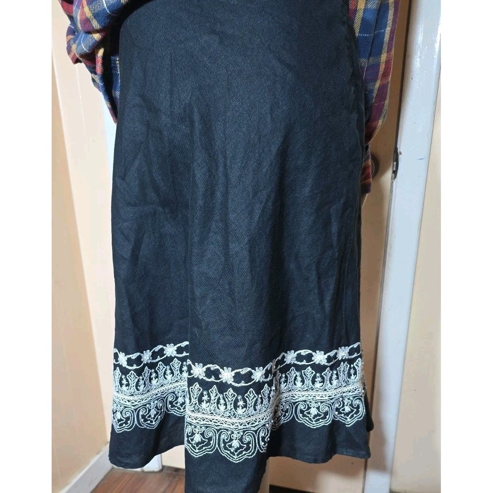 Rafaella Women's Sz 8P Black/Ivory Embroidered 100% Linen Side Zip A-line Skirt